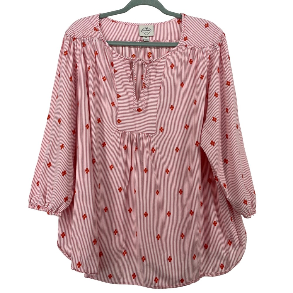 St Johns Bay 3X Blouse Red Striped Embroidered Floral Tunic Top Womens